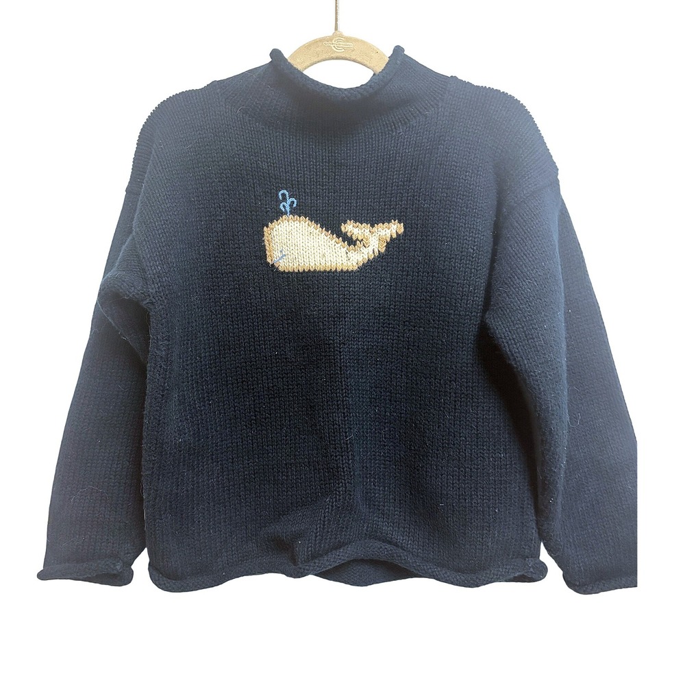 Claver Whale Intarsia Nautical Navy Blue Sweater Mock Neck Cotton Kids Size 8